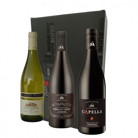 Coffret 3 bouteilles Côtes du Rhône Ventoux 2014, Lubéron Versant Nord 2016, Blanc Domaine martin 2017
