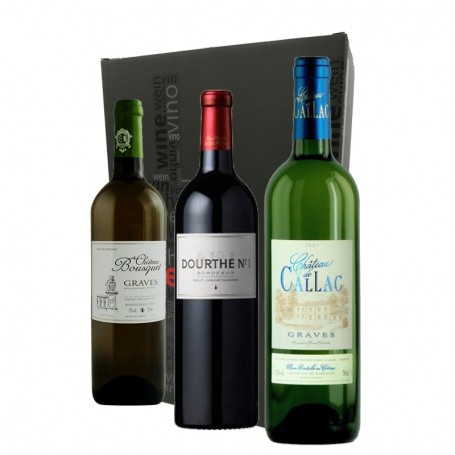 Coffret 3 bouteilles Bordeaux Blanc Bousquet 2017, Bordeaux blanc Chateau de Callac 2014 et Bordeaux rouge Dourthe N°1 2014